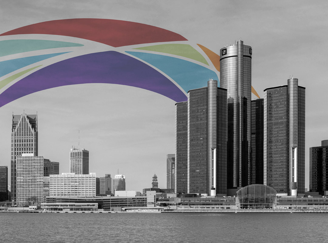 Detroit skyline with SHARE logo
