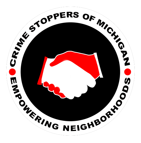 Logo of two hands shaking, text wrapped around saying "Crime Stoppers of Michigan - Empowering Neighborhoods"