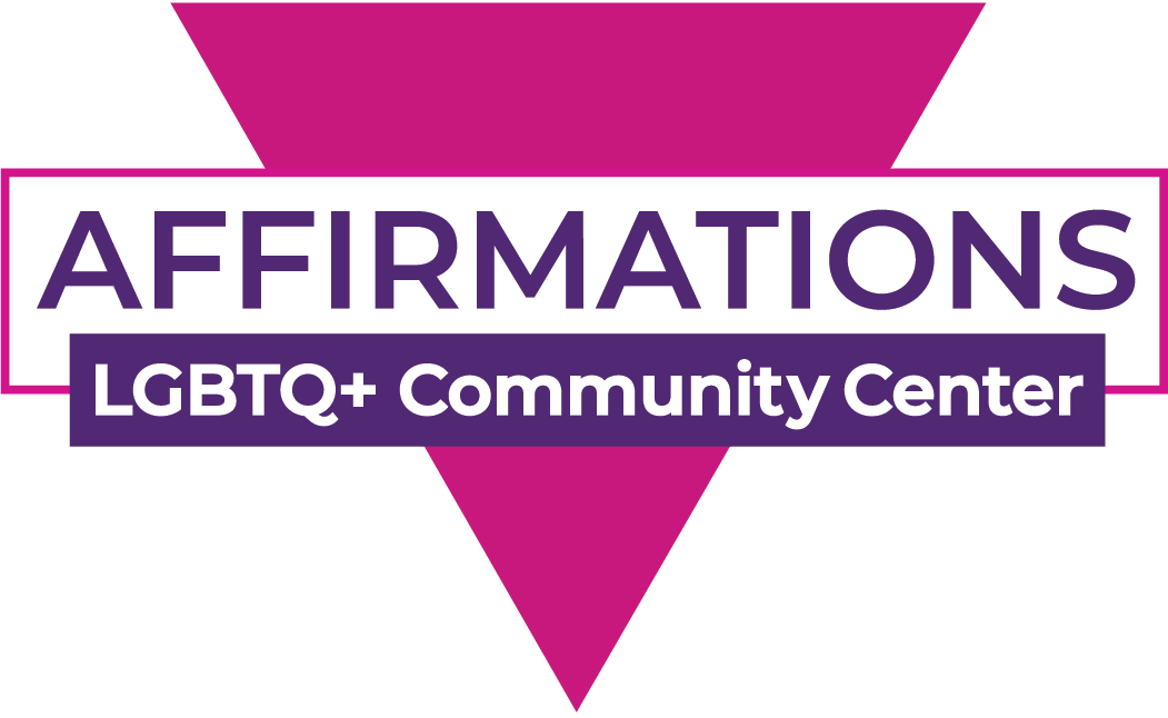 Pink triangle with purple and white text "Affirmations LGBTQ+ Community Center".