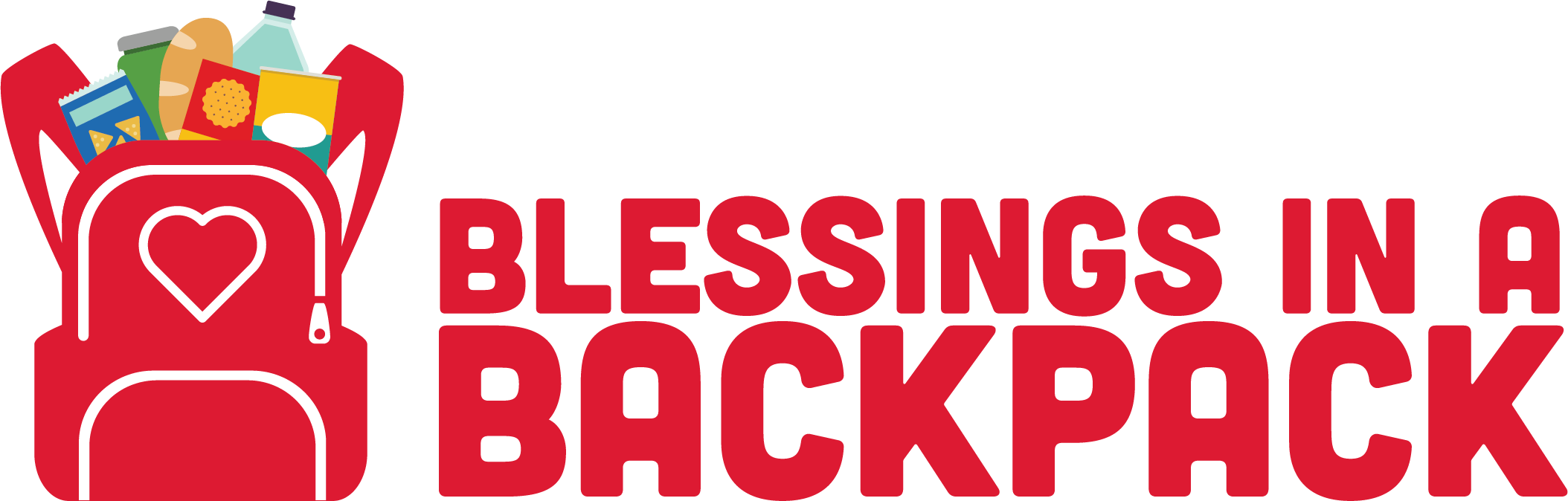 Image of a red backpack with various food items peaking out. Beside the backpack, text reads "Blessings in a Backpack"