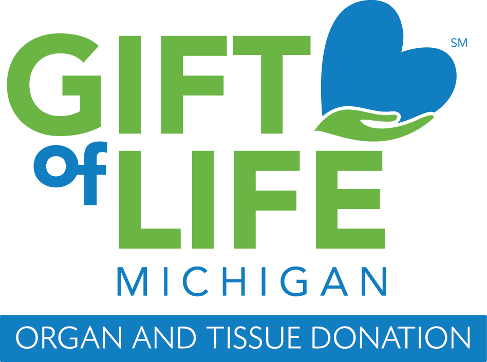 Gift of Life Michigan logo in blue and green, including a hand holding a heart 