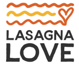 Red and yellow wavy lines, stylized heart, LASAGNA LOVE text - our logo 