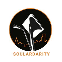 Black round logo with white image of solar street light and orange outline of city skyline. Soulardarity in orange text below logo.