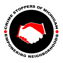 Logo of two hands shaking, text wrapped around saying "Crime Stoppers of Michigan - Empowering Neighborhoods"