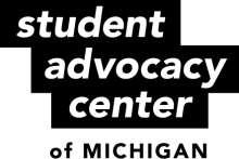 Logo is white text on a black boxy background. The text says Student Advocacy Center of Michigan