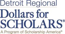 Blue letters that state the logo Detroit Regional Dollars for Scholars sit against a white background. In a subheading, smaller black letters state: A Program of Scholarship America.