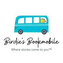 Birdie's Bookmobile | Where Stories Come to You™  The logo is a blue bus with a yellow bird at the driver's wheel. 