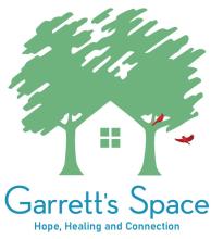 Logo that with two green trees and house in the middle with two red birds. It says Garett's Space, Hope, Healing, and Connection.