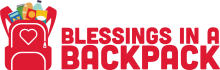 Image of a red backpack with various food items peaking out. Beside the backpack, text reads "Blessings in a Backpack"