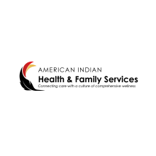 Logo, which is a black and red swirling feather, and the name of the organization, American Indian Health & Family Services, with a tagline that says "Connecting care with a culture of comprehensive wellness"